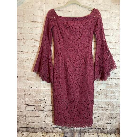 Bardot Dresses & Skirts - Bardot Lace Dress Womens XS Dark Mauve Midi‎ Bell Sleeve Romantic Off Shoulder